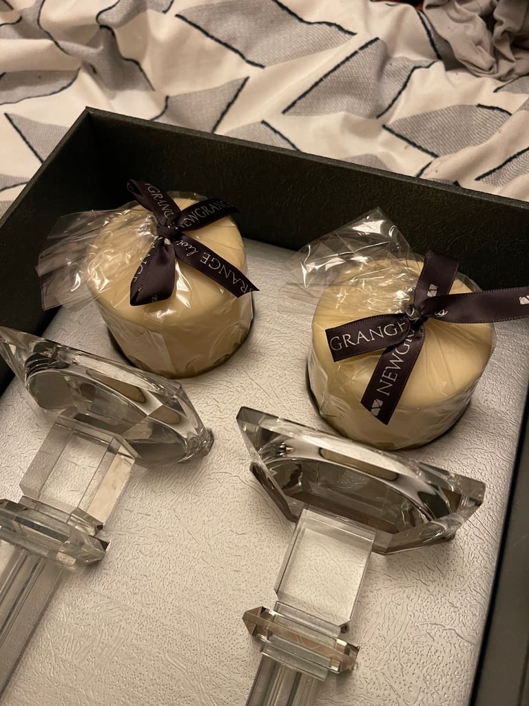 LIBERTY GLASS PILLAR CANDLE HOLDERS WITH CANDLES 