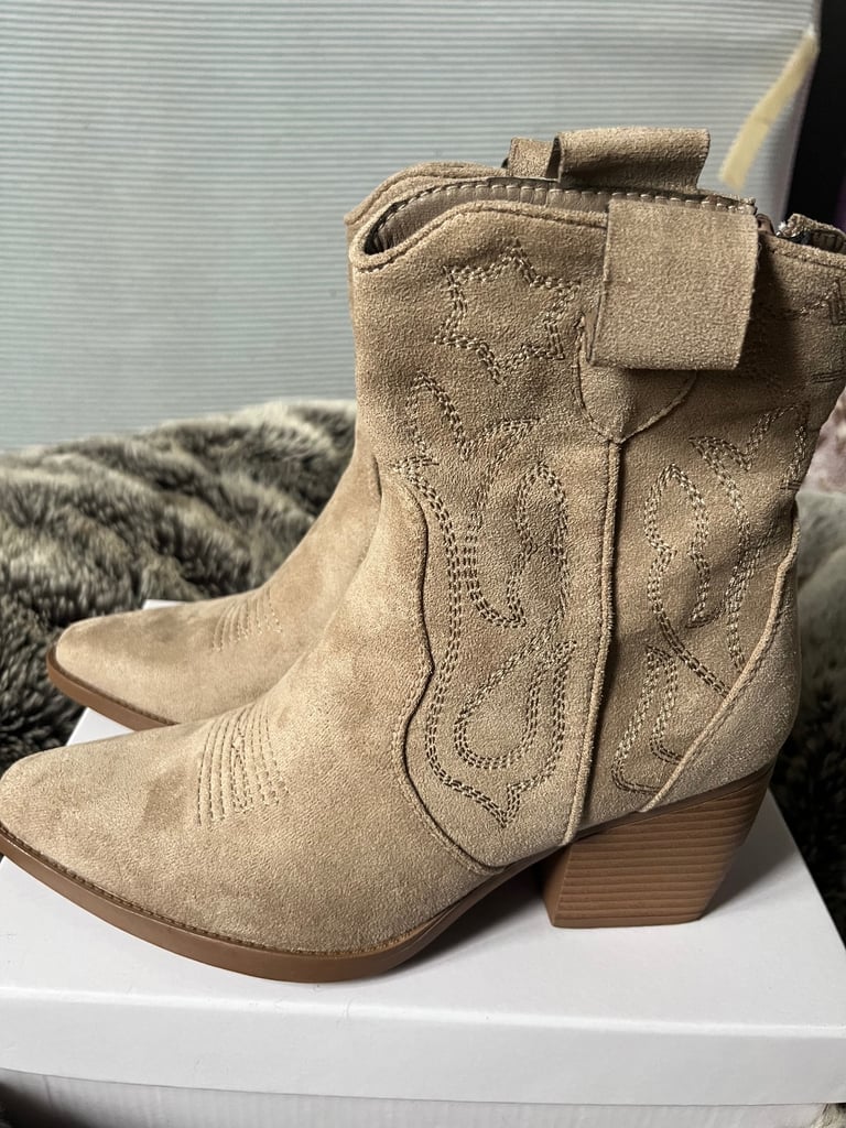 image for KHAKI FAUX SUEDE COWBOY ANKLE BOOTS