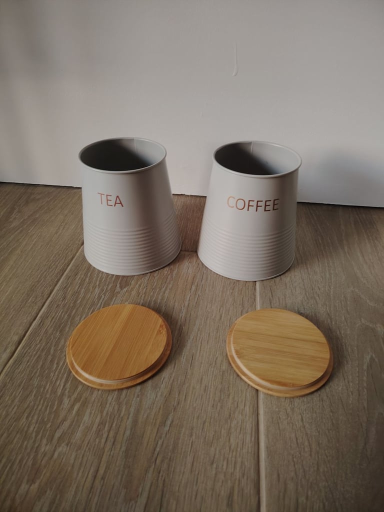 2 Piece Stackable Canister Set Wooden Lid Storage Pot Tea Coffee Jar Food Container