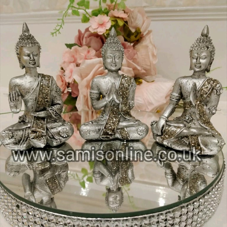 image for Set of 3 Silver Sitting Diamante Encrusted Buddha's. Handmade finish
