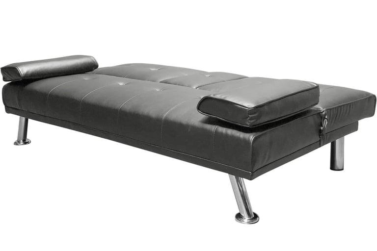 Faux Leather Folding Sofa Bed With Cup Holders Cinema Style (Grey)