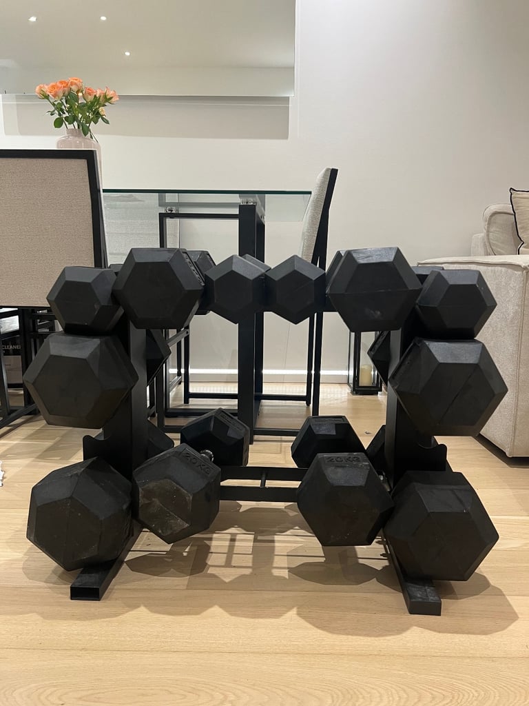 image for Rubber Hex Dumbbells and Stand 
