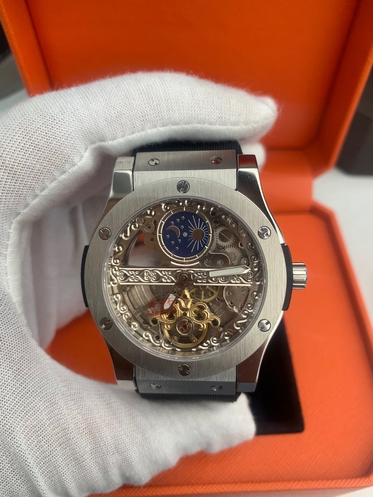 image for Silver Skeleton Automatic Watch | Mechanical Open-View