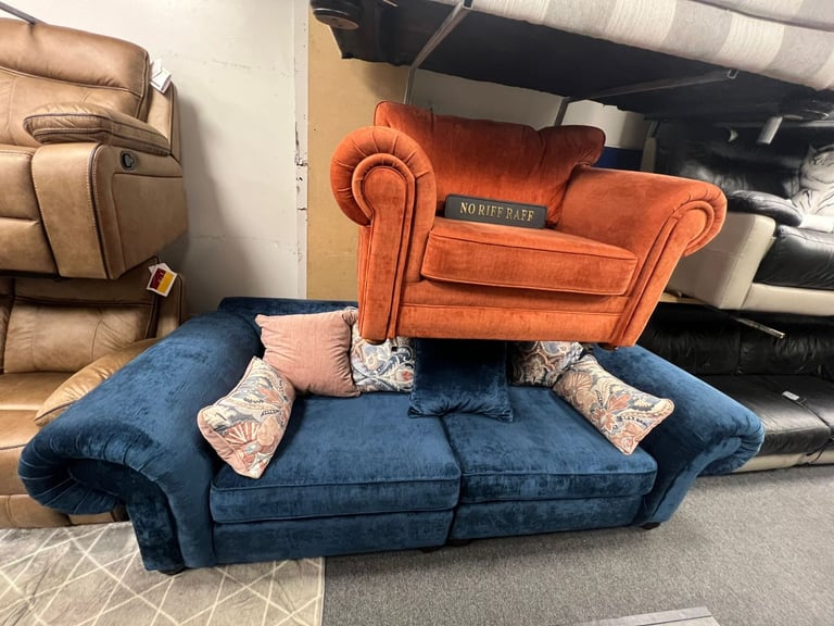 Big 2 seater and chairs and a half in a velvet fabric new condition £599