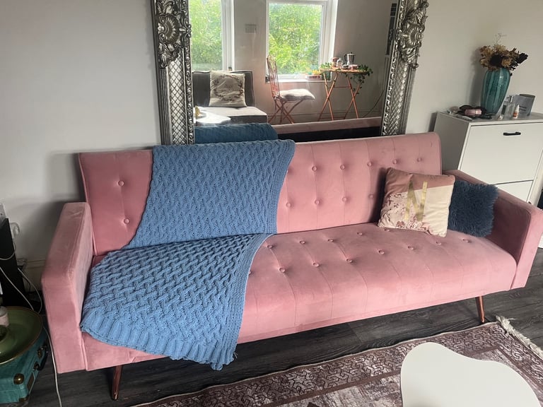 image for 💕 Blush Pink Velvet 3-Seater Sofa Bed – Chic & Comfortable!