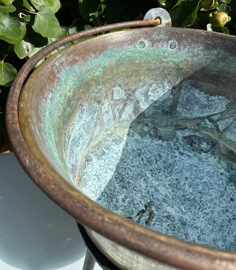 LARGE ANTIQUE FRENCH COPPER CAULDRON & STAND, LOG BUCKET, PLANTER, L58cm - 1900s - WILL POST!