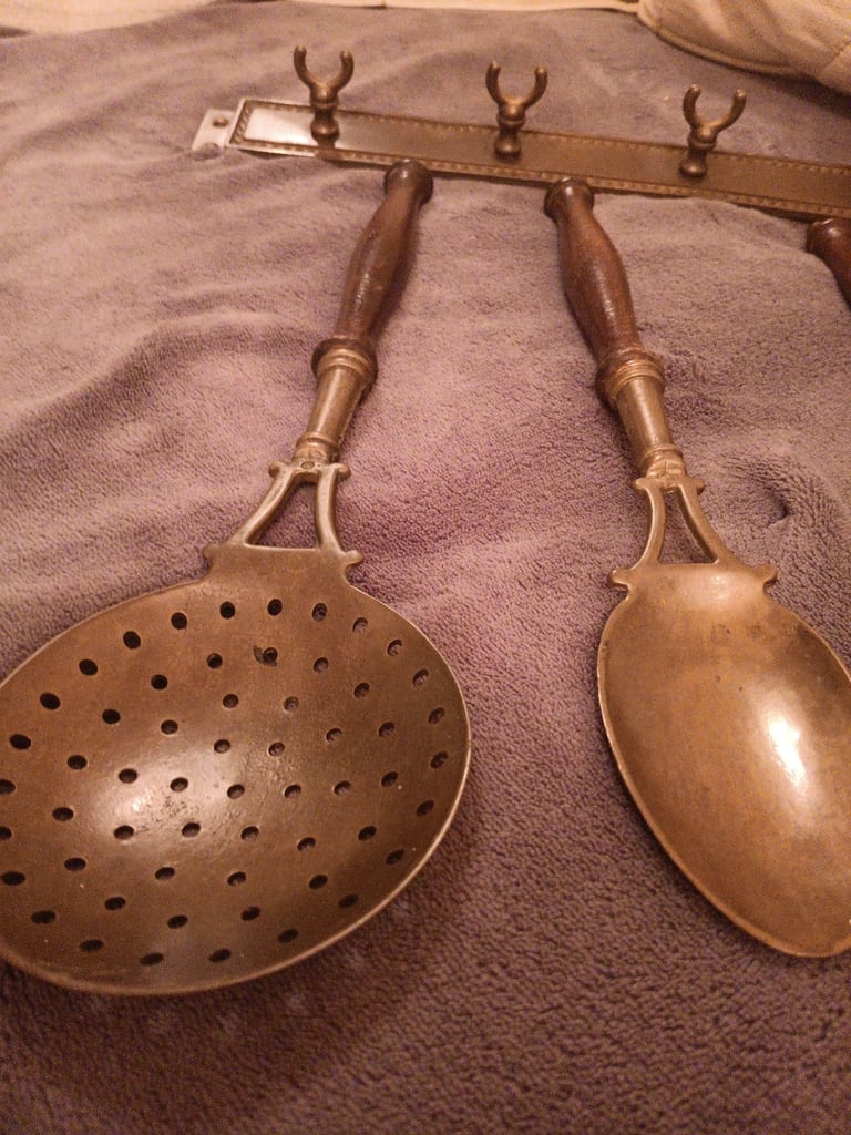 Antique Brass & Wood Kitchen utensils 