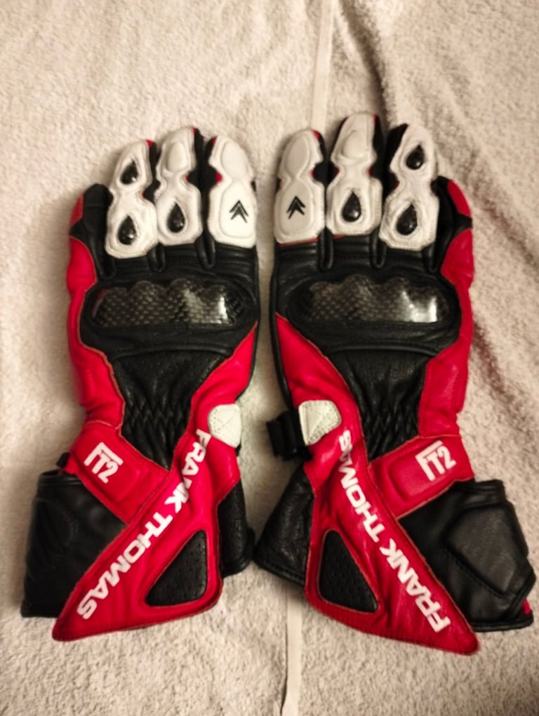 image for Frank Thomas leather motorcycle Race Gloves Large Gauntlet Red White Black