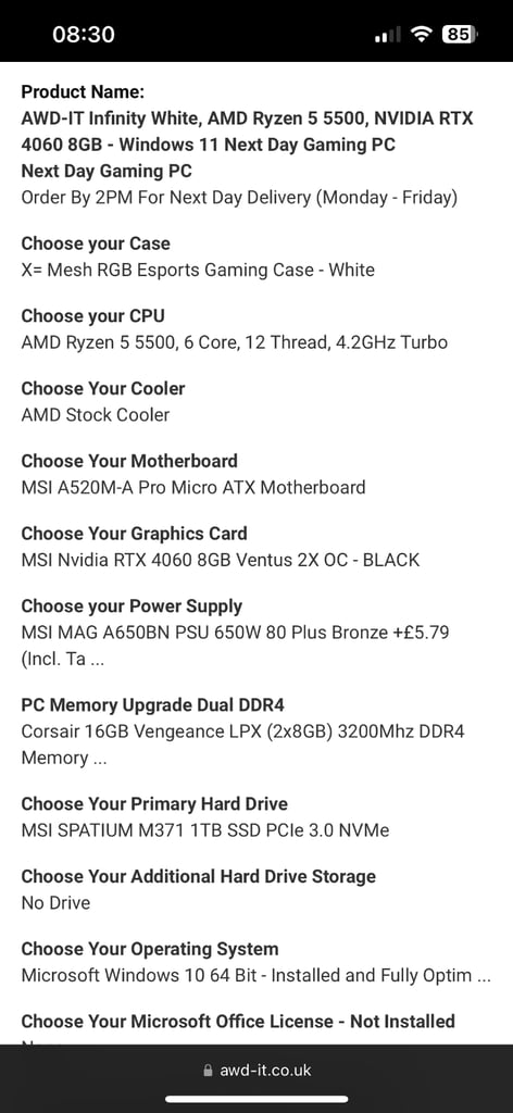  Infinity White, AMD Ryzen 5 5500, NVIDIA RTX 4060 8GB - Windows 10