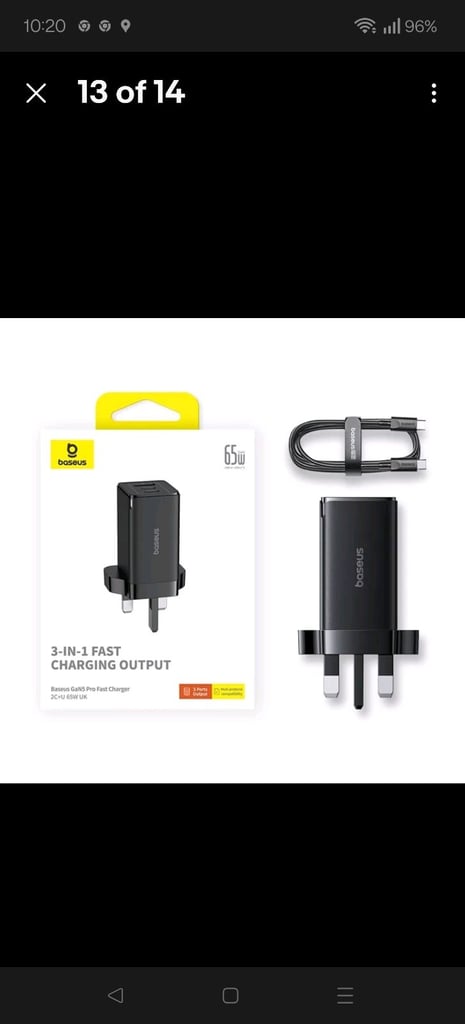💥 Baseus 65W GaN5 Fast Charger QC4.0 PD AFC Adapters x 2 & extra usb c cables x 2 Brand New Sealed 