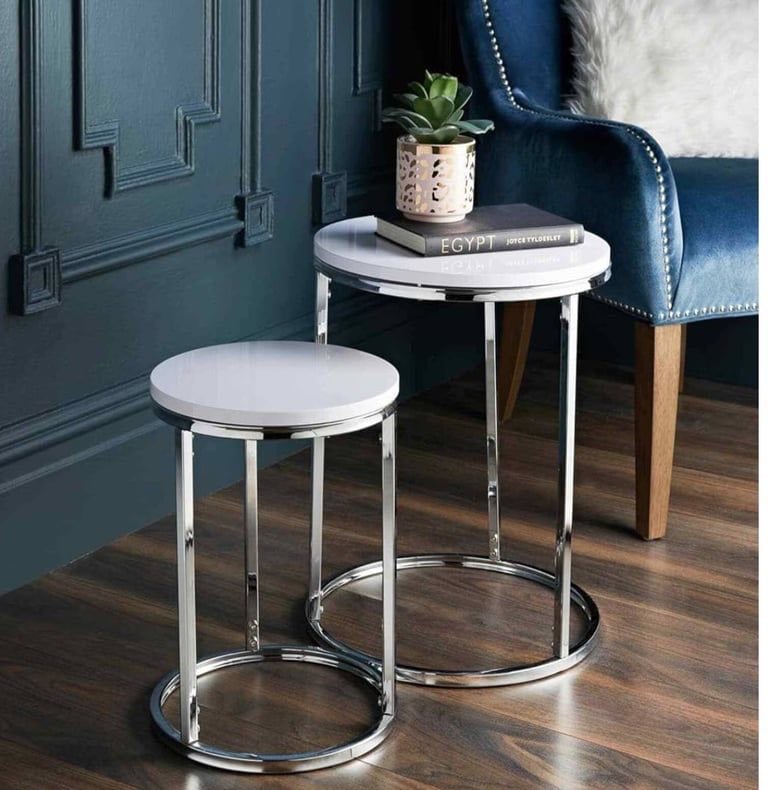 Set of 2 Modern White & Chrome Nesting Side Tables