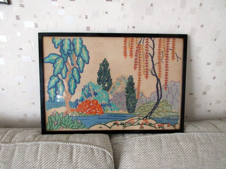 image for A VINTAGE FRAMED SILK EMBROIDERY OF LOCH WOODLAND LANDSCAPE SCENE
