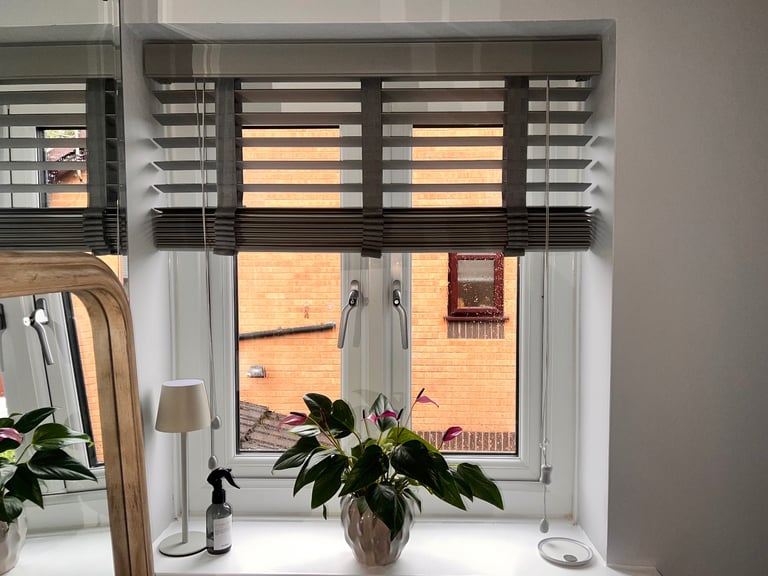 image for Pale Grey Wooden Plantation Style Blinds – Thick Slats with Wood Grain