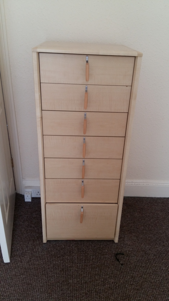 7 drawer light wood narrow chest of drawers