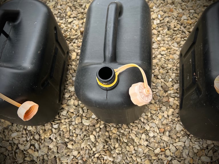 lightweight plastic petrol/diesel containers, used, 20L capacity, with spout