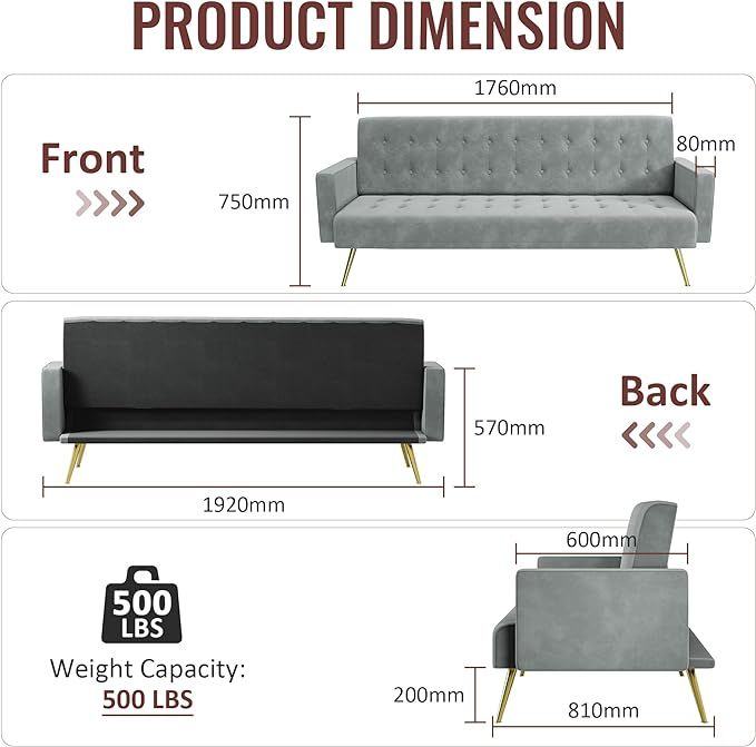 New Grey Velvet Sofa Bed 3 Seater with Square Armrest and Legs RRP £250 Our Price £195