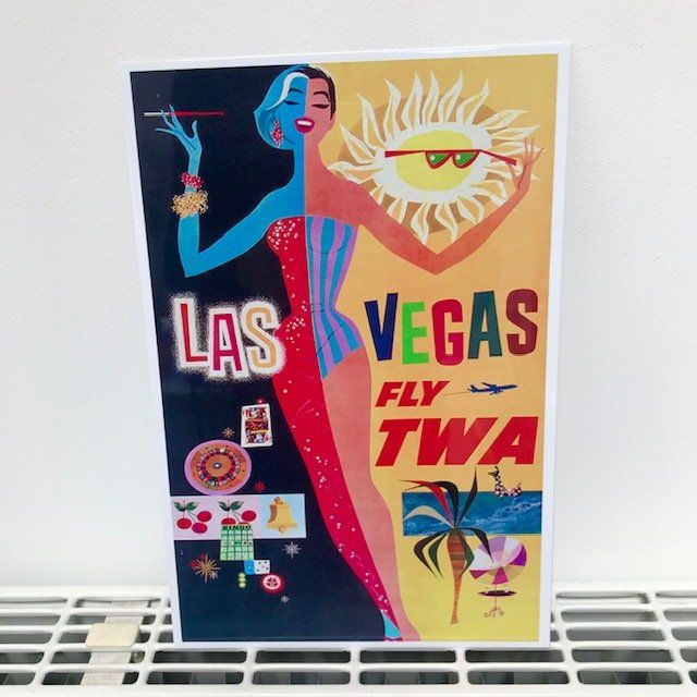 VINTAGE LAS VEGAS TRAVEL POSTER, FLY TWA 1950S, METAL PLAQUE