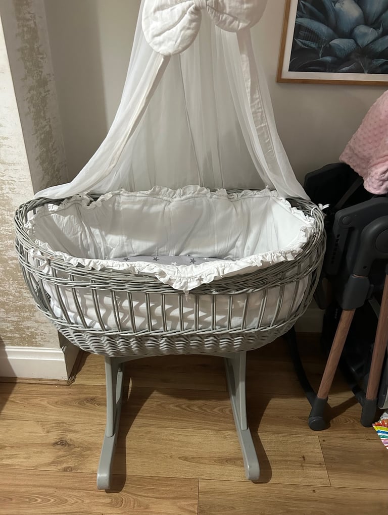 image for Used Grey wicker rocking baby crib 