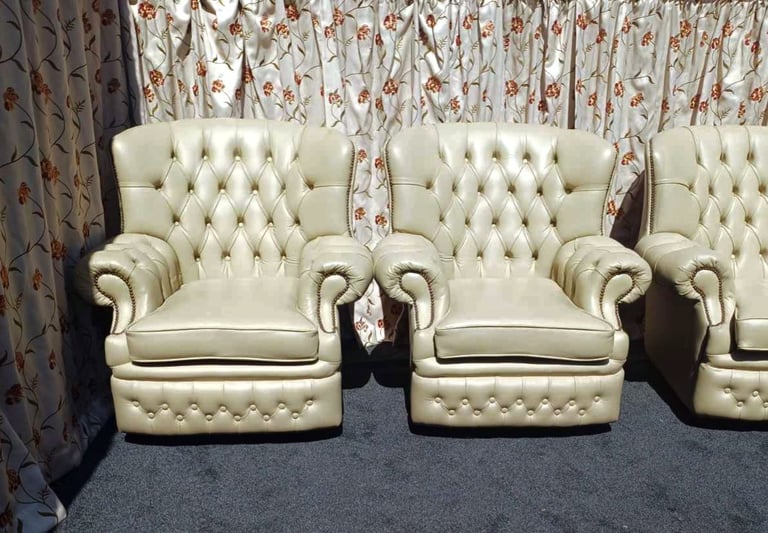 Beige Chesterfield 3 seater sofa and 2 armchairs