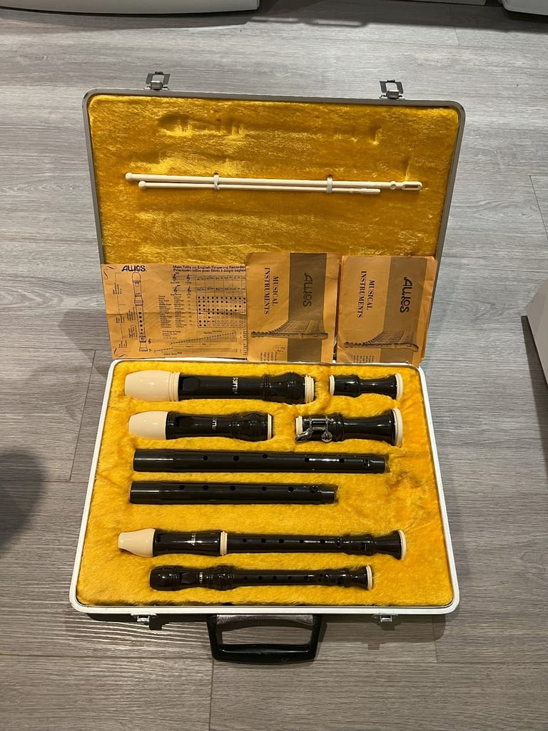 Vintage Set of 4 Aulos Recorders in hard carrying case with plush lining
