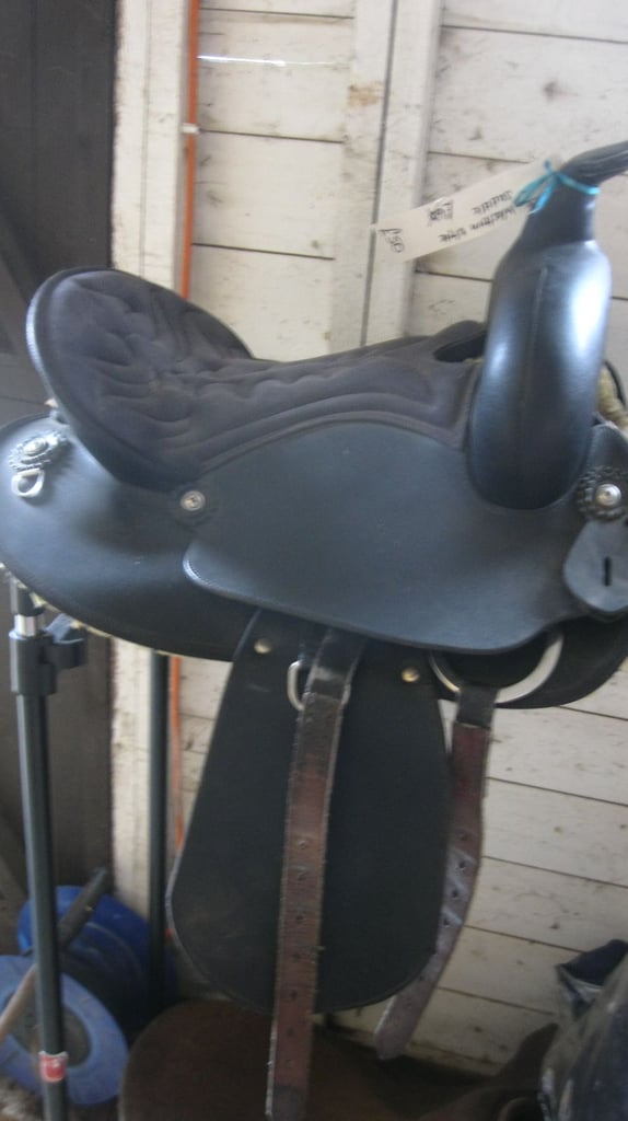 image for BLACK SUEDE & LEATHER PONY SIZED WESTERN STYLE SADDLE. IN GOOD ORDER