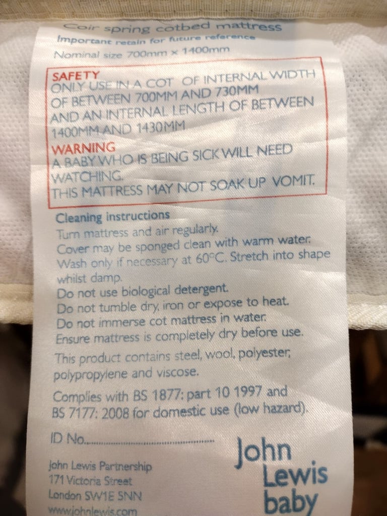 John Lewis Dry Feel Natural Coir Spring Cot Bed Mattress 140x70cm High Quality Pre-Owned