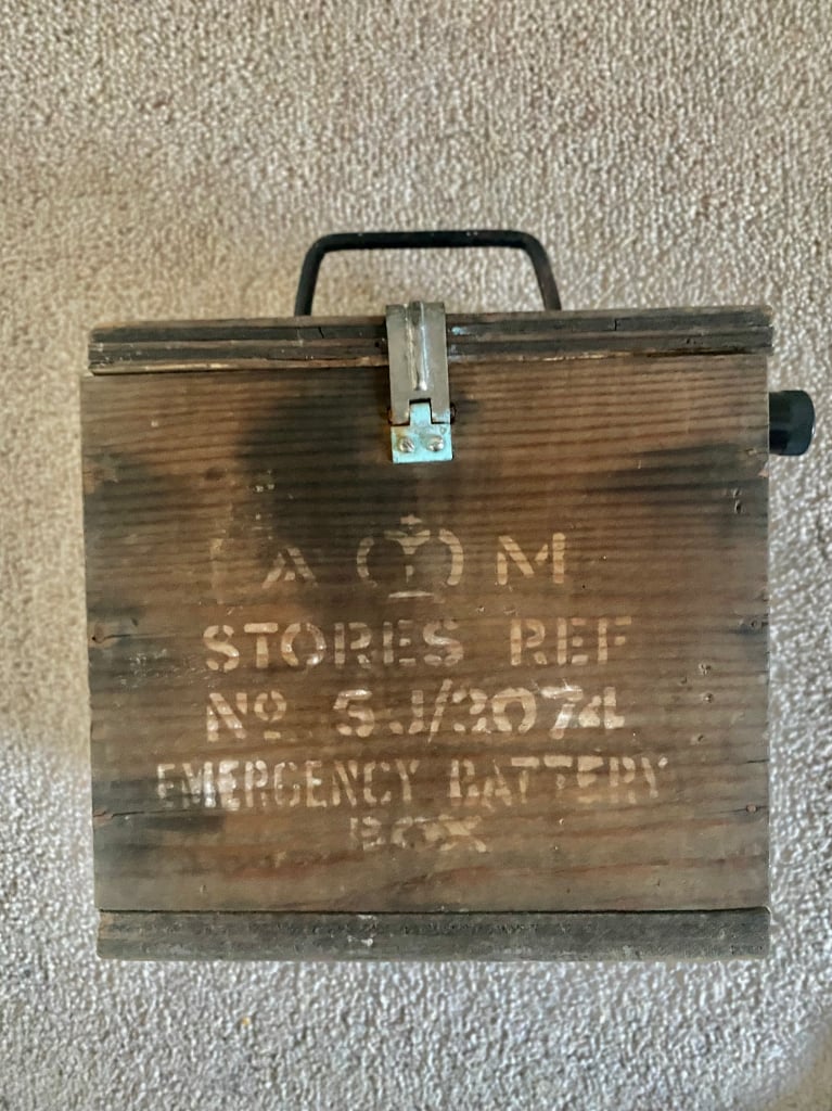 image for RARE Antique 1940s emergency battery wooden box ornament rustic industrial container 