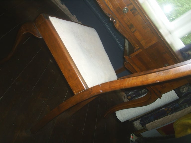 Writing Desk & Chair. Queen Ann Style 5 Drawer Walnut Desk & High Back Padded Chair 