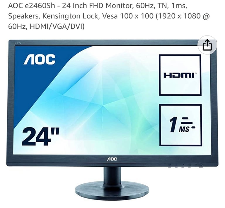 Monitor 24Inch Widescreen AOC  FHD IPS LED,Like New Boxed 