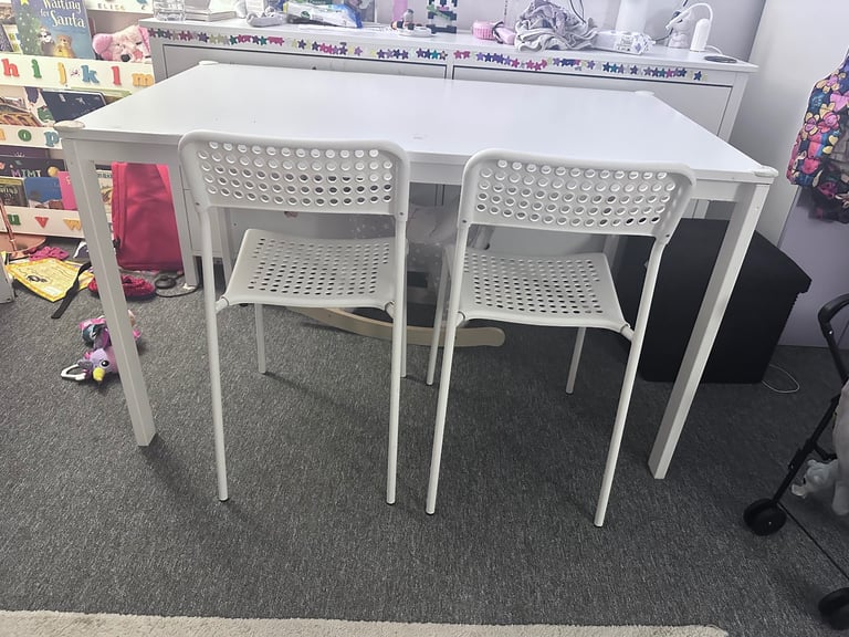 image for White Table with 2 Stackable Chairs – Sturdy & Easy to Clean