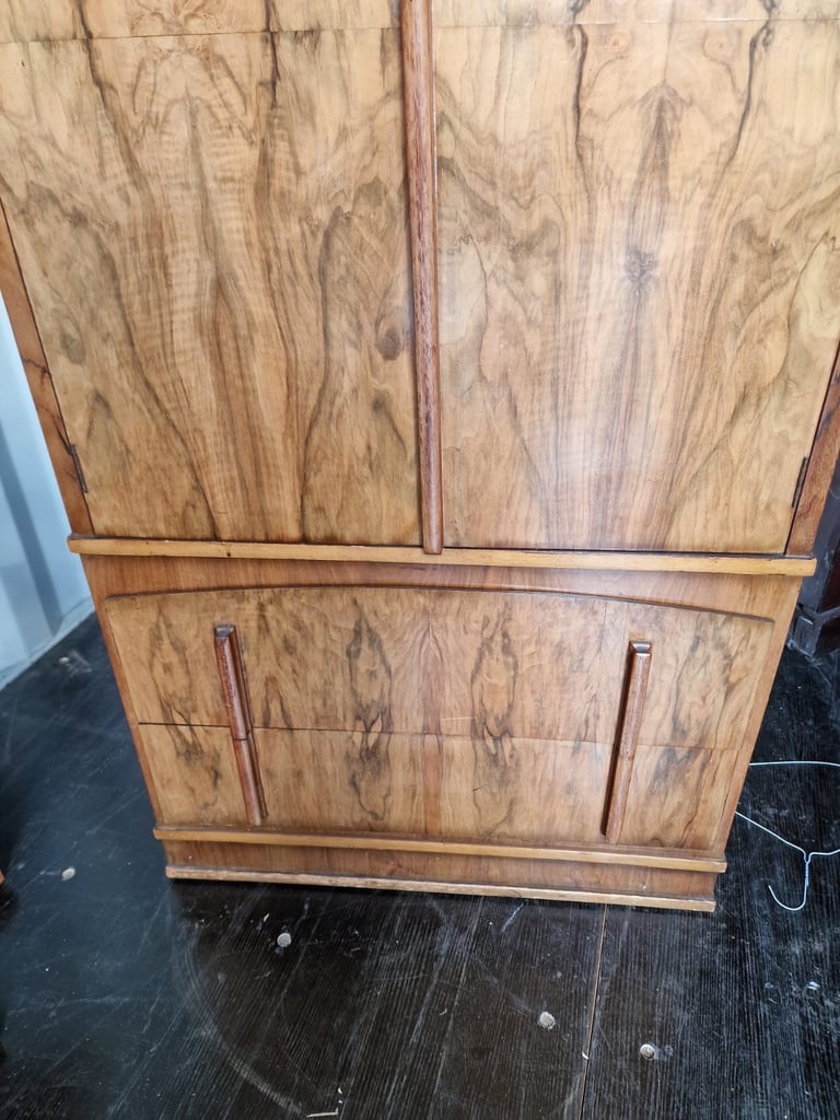 1930’s Art Deco Walnut Two Door Cupboard Over Two Drawers 