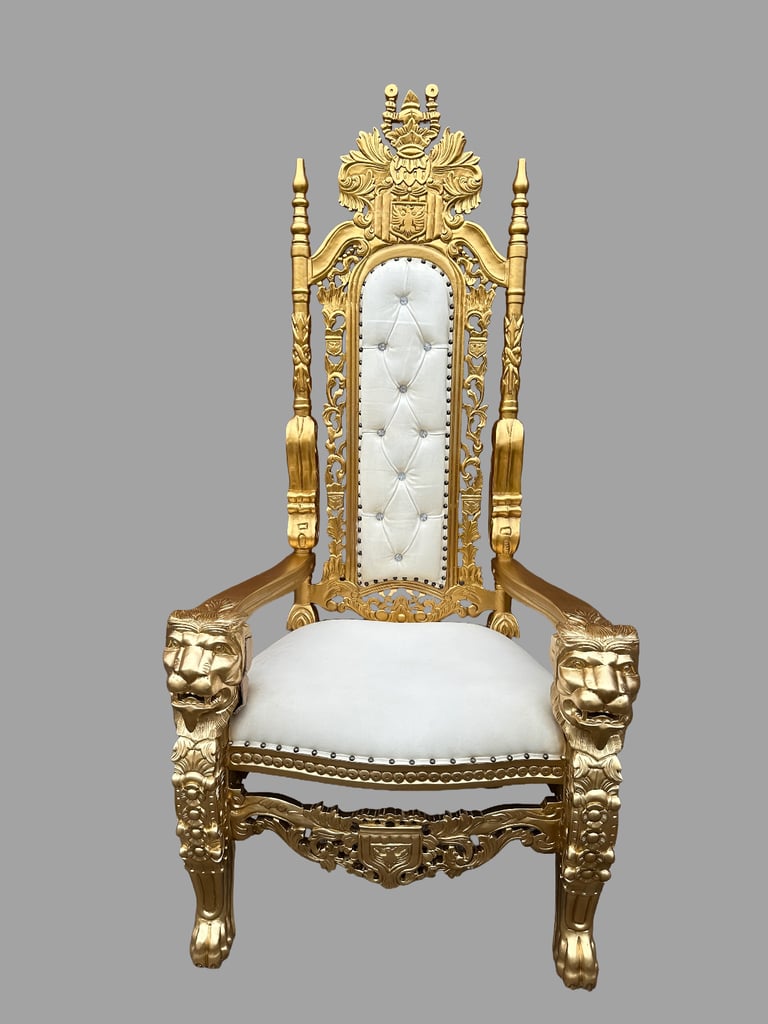 Lion King Throne Chair - Bespoke Wedding Furniture - Gold & White Leather