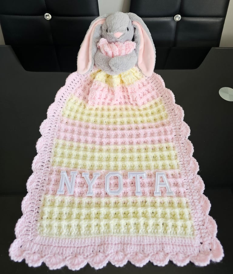 Crochet Baby Comfort Blanket, Personalised, Girls and Boys colours available