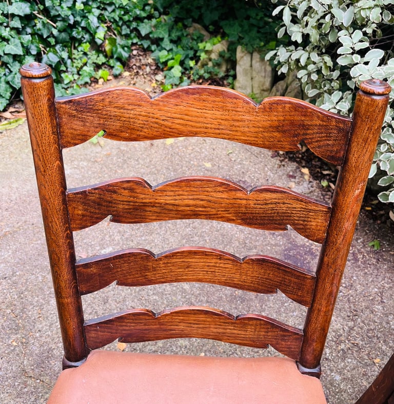 Pair of Vintage Wooden Ladder-Back Dining Chairs – Tan Faux Leather Seats