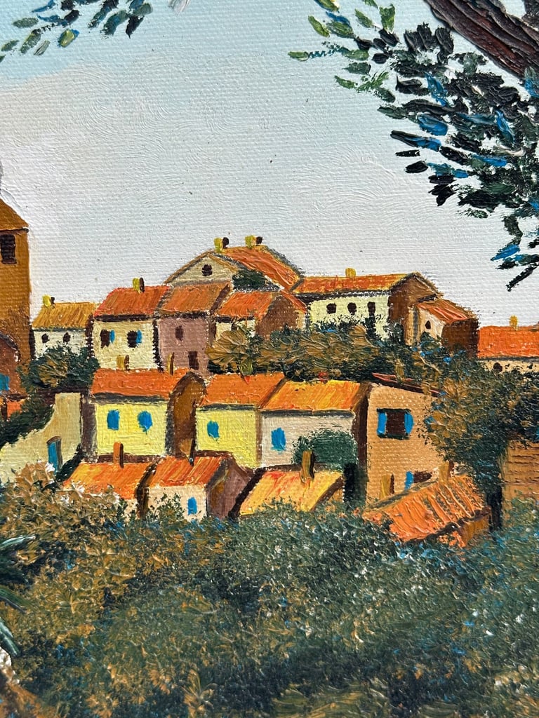 VINTAGE FRENCH OIL PAINTING, OIL ON CANVAS VILLAGE IN PROVENCE, SIGNED - 35x22cm - WILL POST!