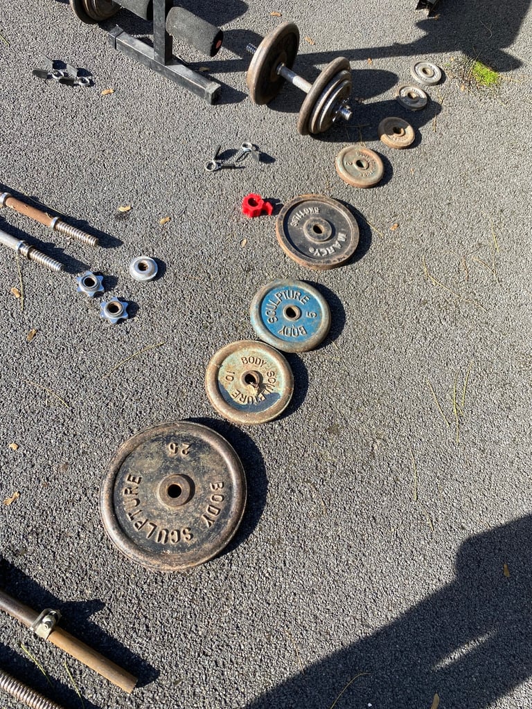Squat rack, Bench, Barbell. dumbbells, plates