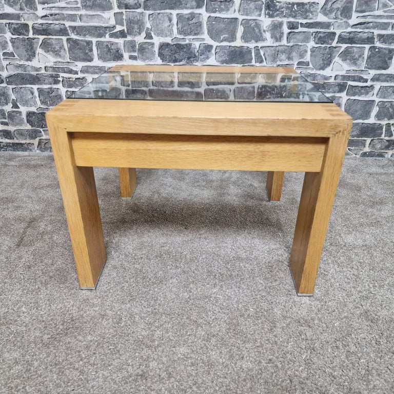 Modern Oak & Glass Side Table with Brushed Steel Detail