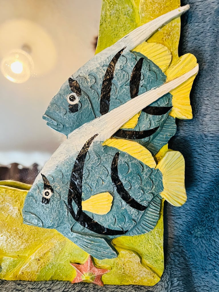 FISH MIRROR & WOODEN FISH. VERY COLOURFUL. Medium Size.  