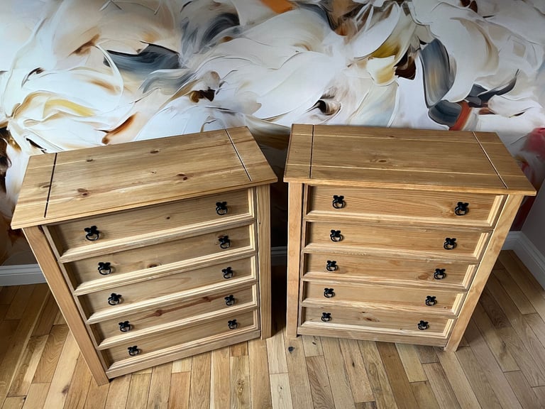 Two Corona 5 Drawer Chest Rustic Distressed Waxed Pine Storage Bedroom Furniture