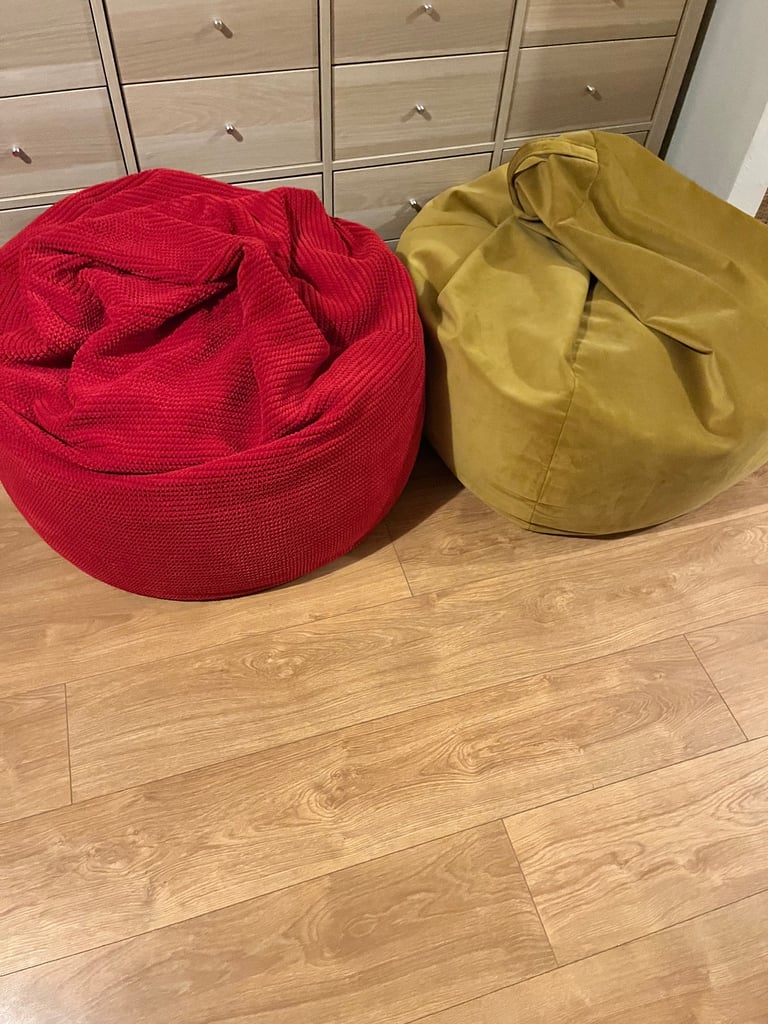2X Dunelm Bean Bags Chairs Gaming Seats Pouffe Floor Cushions Loungers Sofa Velvet Cord Red Yellow