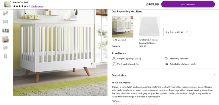 Luxury Cot Bed By Isabelle & Max + Mattress Size 60 x 120 cm