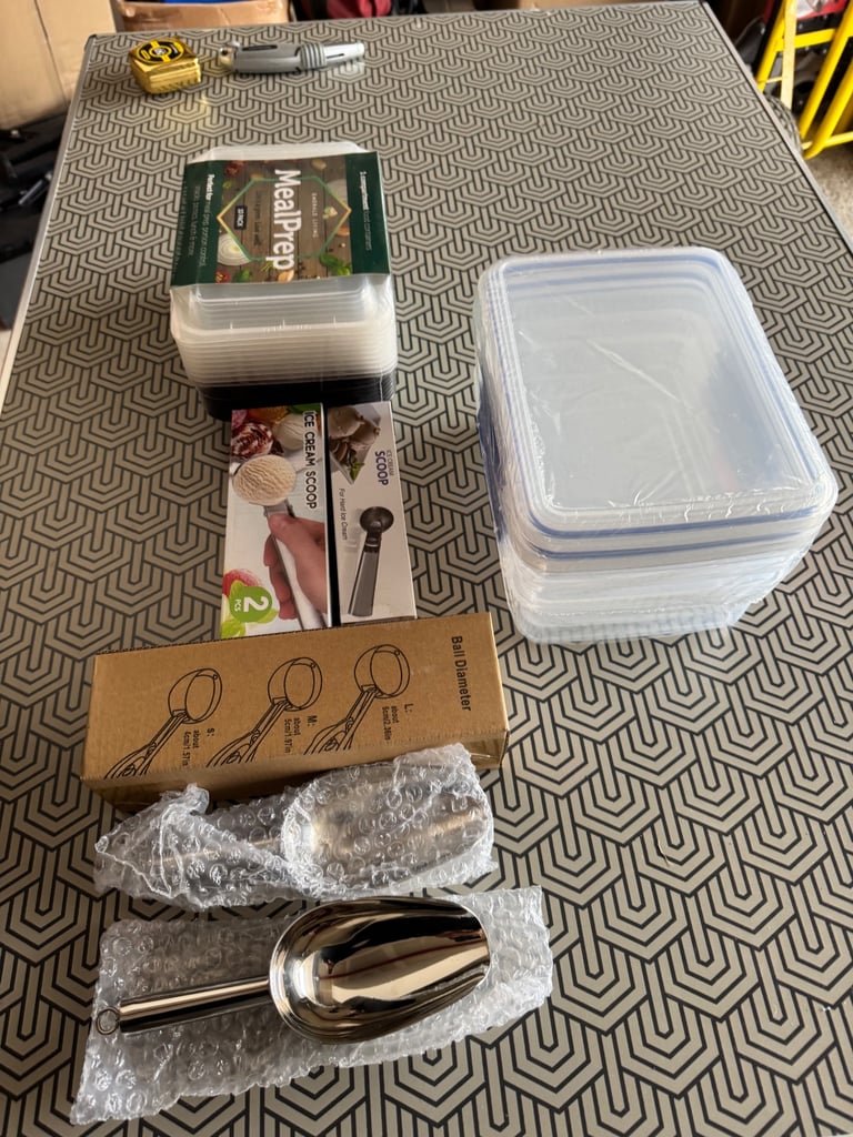 Kitchen containers and ice cream scoops