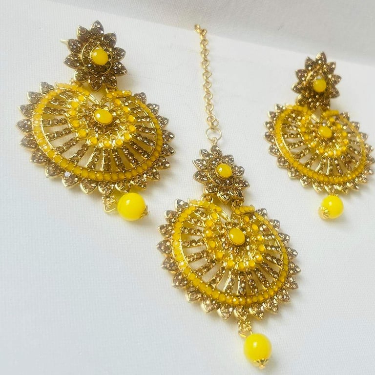 image for Bronze and yellow stone set earrings and tika set
