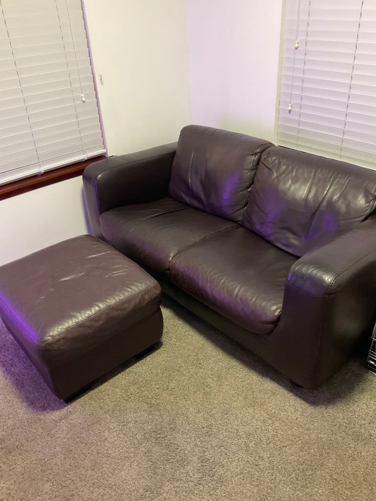 image for Brown Italian leather sofa and pouffe ottoman Gillies