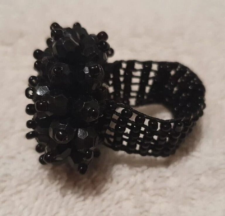 New Size Adjustable Oversized Black Lucite Beads 3D Flower Cluster Stretch Ring.POST OR COLLECT!