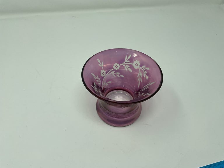 Purple and white glass flower vase. 