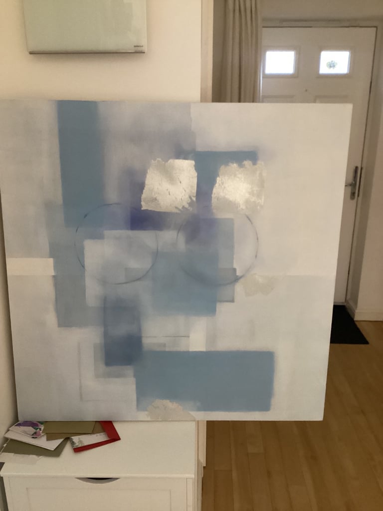 image for Large original abstract modern artwork on canvass - silver leaf/blue