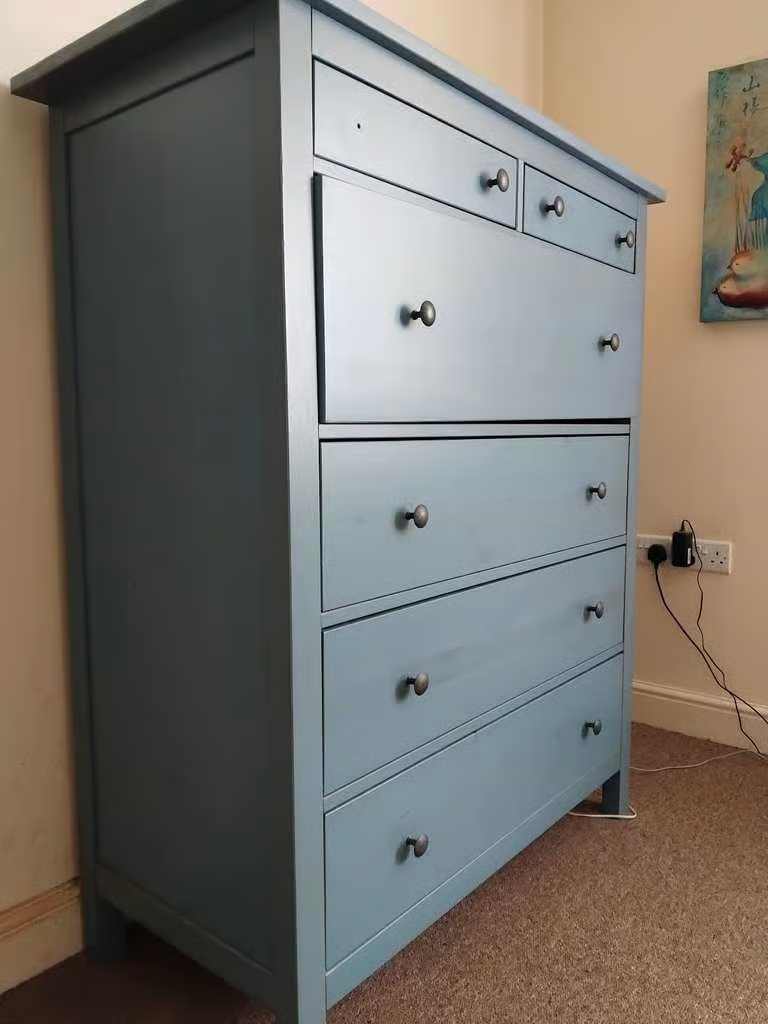A Very Large, Tall and Heavy, Light Blue Wooden Chest of 6 Drawers, for Bedroom or Other Rooms