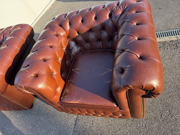 Pair of chesterfield faux brown leather club armchairs 