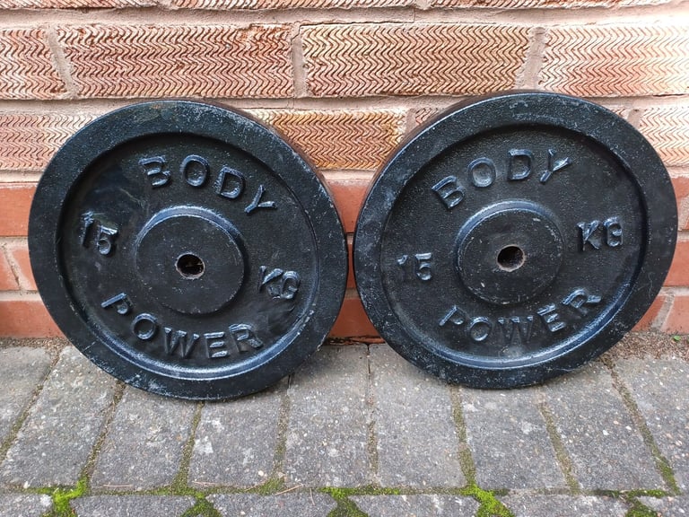2 x 15KG BODY POWER WEIGHT PLATES - 1 Inch Holes